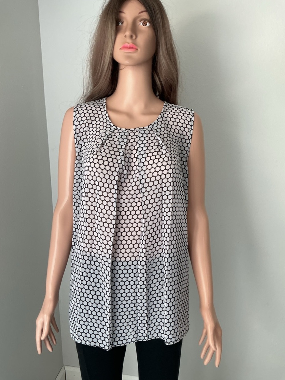 Michael Kors Black and White Polka Dot Pleated Sleeveless Top